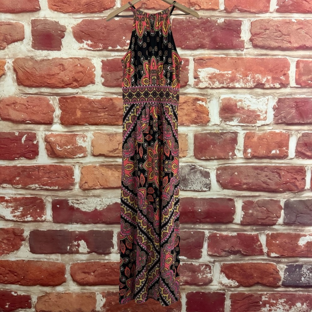 London Style Halter Maxi Dress Women's 12 Multicolor Boho Floral Casual Sundress